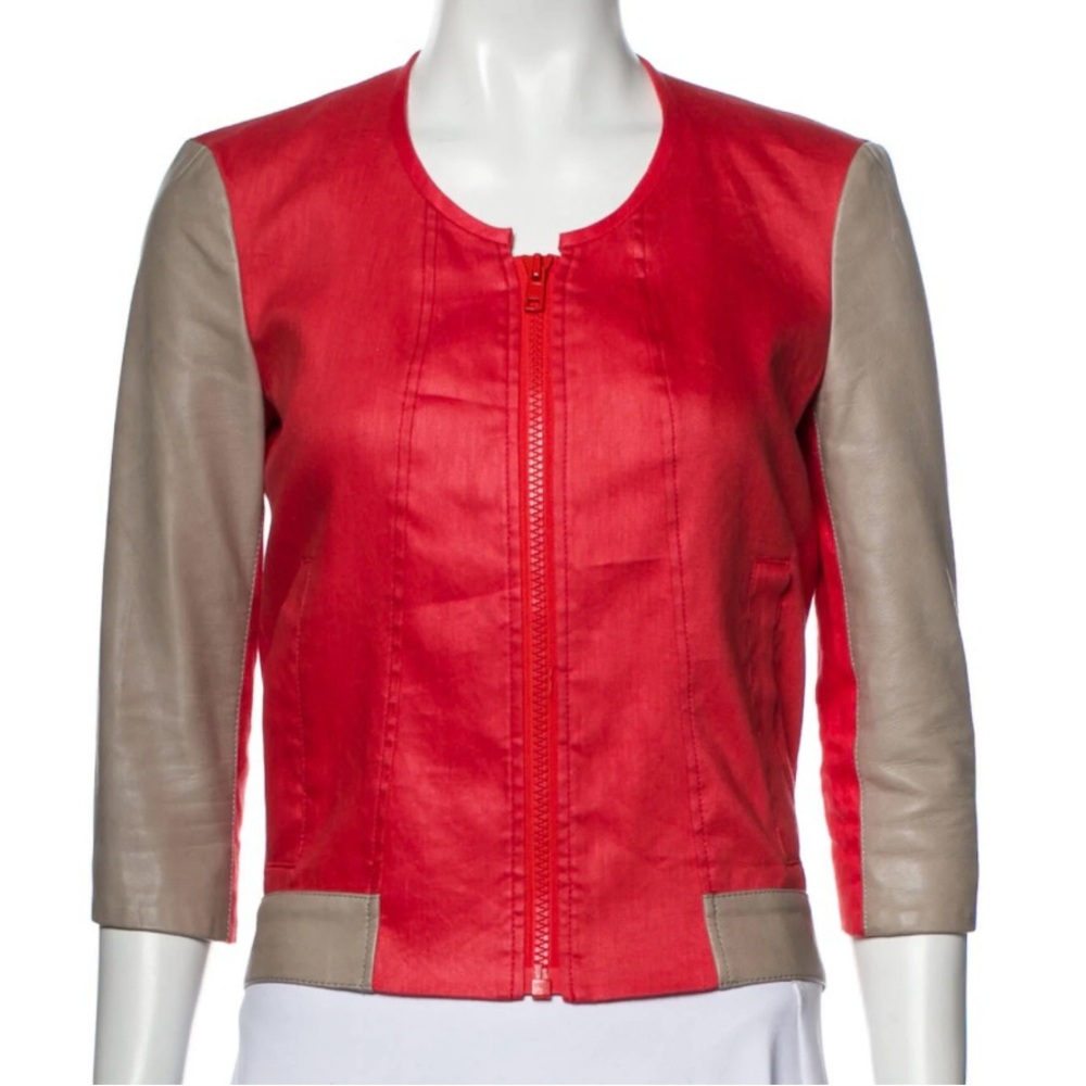 Helmut Lang lambskin leather sleeve linen Moto bomber jacket Size S Retail $795